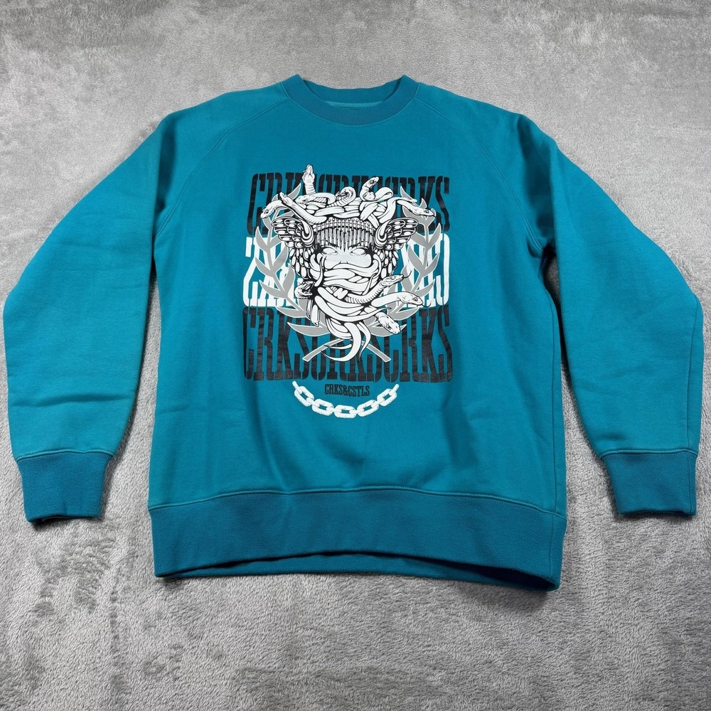 Crooks & Castles Sweatshirt Mens Large Blue Snake Medusa Crew Pullover Fleece